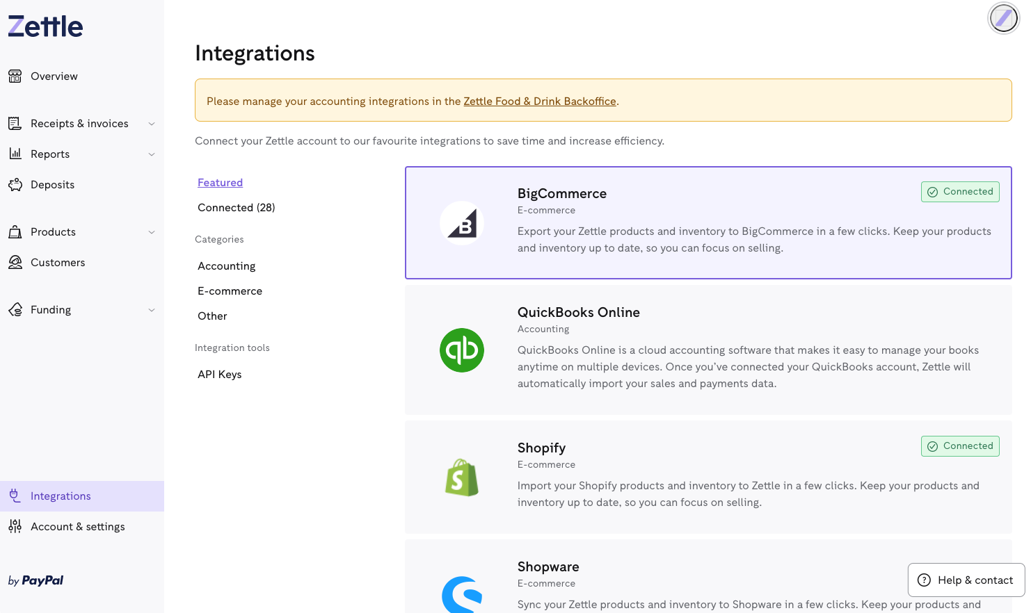 The Integrations page with the API keys link in the lower left corner of the left navigation menu.