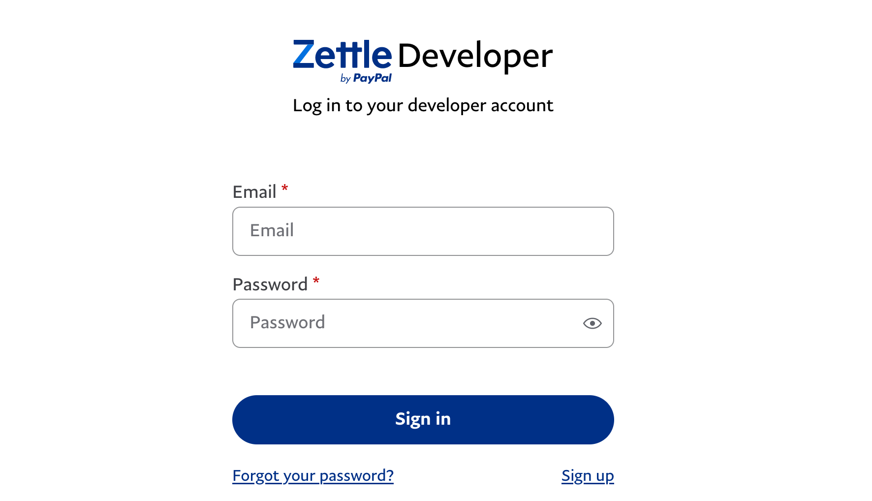 Zettle login page where your user will be asked to log in to their Zettle merchant account.